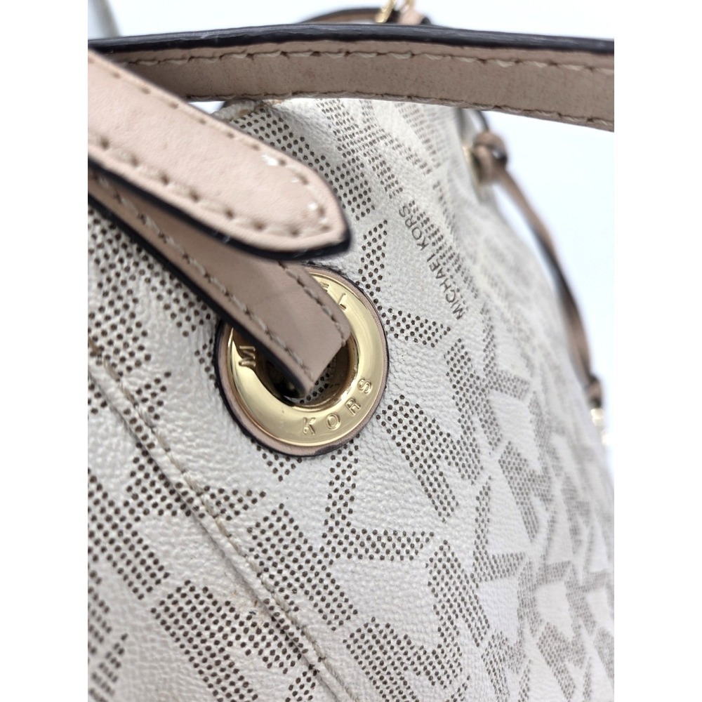Michael Kors Jet Set Ivory Brown Crossgrain Leather MK Tote Shoulder Bag - Picture 3 of 12